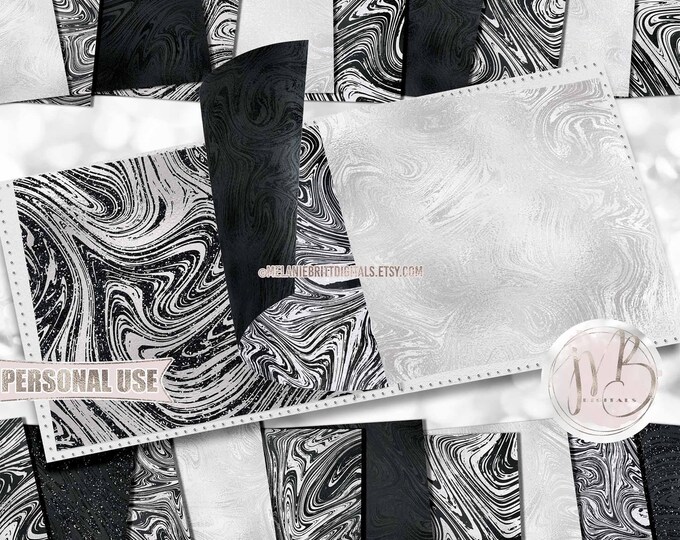 Black and White Swirls Scrapbook Paper Download • Glitter and Foil Swirling Paint Design • Printable Paper Crafts 20 12x12 JPG & PDF