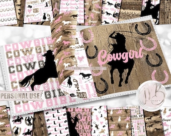Pink Cowgirl Scrapbook Paper Download • Country Western Rodeo Ranch Horse Hat Boot Wood • Scrapbooking Printable