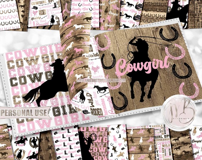 Pink Cowgirl Scrapbook Paper Download • Country Western Rodeo Ranch Horse Hat Boot Wood • Scrapbooking Printable