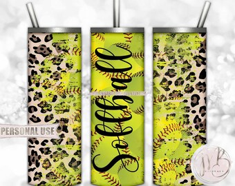 Distressed Softball Leopard 20oz Skinny Tumbler Wrap Sublimation Design Download • Classic Leopard Print Softball Gift • DIY Print & Press