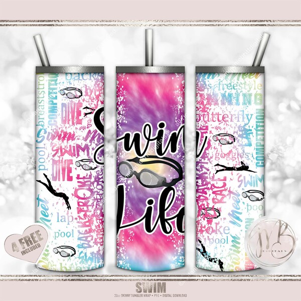 Swim Life 20oz Skinny Tumbler Wrap Sublimation Design Download • Rainbow Tie Dye Swim Goggles Swimmer Swim Team • Sublimation Crafts