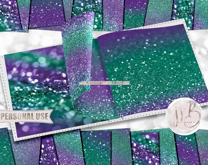 Ombre Emerald and Purple Glitzy Scrapbook Paper Download • Sparkling Glitter Shiny Bokeh  Design • Printable Paper Crafts 20 12x12 JPG & PDF