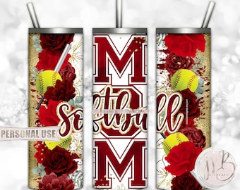 Floral Softball Mom 20oz Skinny Tumbler Wrap Sublimation Download • Red Flowers Gold Splatter Sports Mom Gift • DIY Print and Press