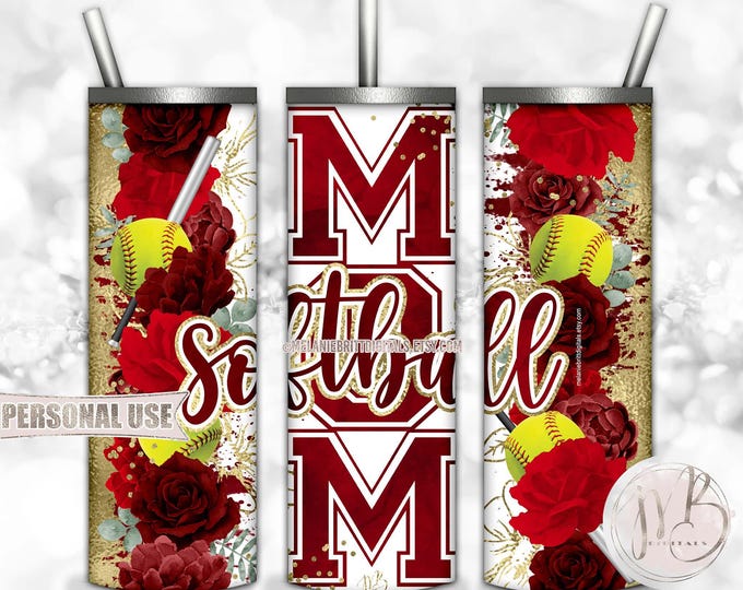 Floral Softball Mom 20oz Skinny Tumbler Wrap Sublimation Download • Red Flowers Gold Splatter Sports Mom Gift • DIY Print and Press