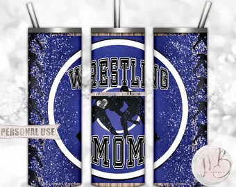 Blue Boy Wrestling Mom 20oz Skinny Tumbler Wrap Sublimation Design Download • School Wrestling Match Wrestler Mom Gift • DIY Print and Press