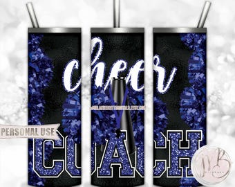 Blue Cheer Coach 20oz Skinny Tumbler Wrap Sublimation Design Download • Pom Poms Megaphone Lanyard Whistle Coach Gift • DIY Print and Press