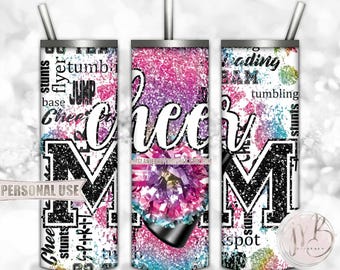 Rainbow Tie Dye Cheer Mom Glitter 20oz Skinny Tumbler Wrap Sublimation Design • Typography Pom Megaphone Cheer Mom Gift • DIY Print & Press