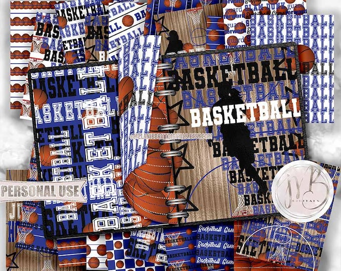 Girl Basketball Scrapbook Paper Download • Blue School Colors Realistic Basketball Court Hoops • Scrapbooking Printable