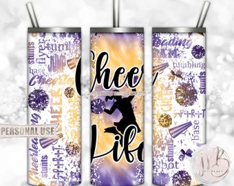 Cheer Life 20oz Skinny Tumbler Wrap Sublimation Design • Purple Athletic Gold Tie Dye Pom Squad Typography Cheer Gift • DIY Print and Press