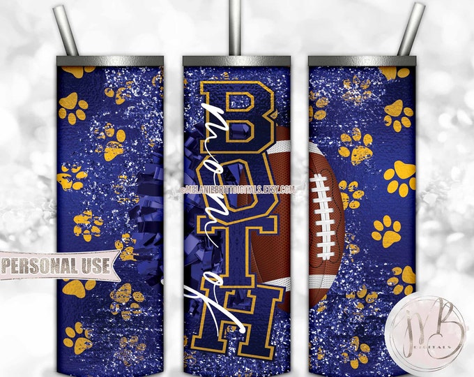 Mom of Both Football and Cheer 20oz Skinny Tumbler Wrap Sublimation Design Download • Paw Prints Blue and Athletic Gold • DIY Print & Press