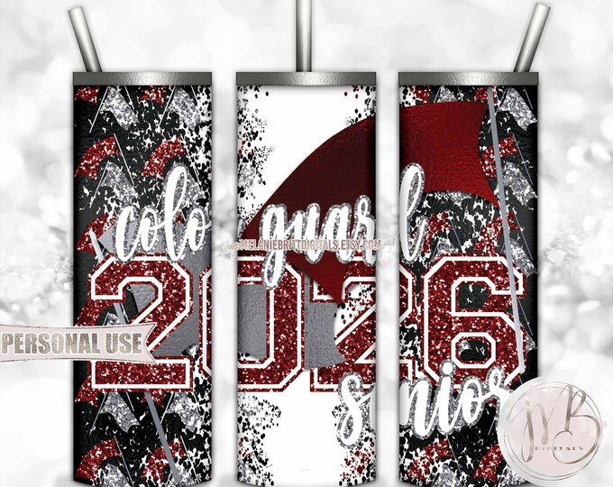 Maroon and Silver Color Guard Senior 2026 20oz Skinny Tumbler Wrap Sublimation Design • Flag Performance Grad Gift  • DIY Print and Press