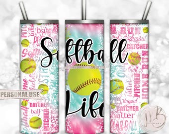 Softball Life 20oz Skinny Tumbler Wrap Sublimation Design • Pink and Turquoise Tie Dye Softball Sports Gift • DIY Print and Press