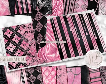 Pink and Black Classy Scrapbook Paper Download • Sophisticated Design Diamonds Glitter Foil • Printable Paper Crafts 20 12x12 JPG & PDF