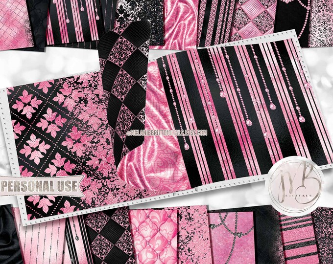 Pink and Black Classy Scrapbook Paper Download • Sophisticated Design Diamonds Glitter Foil • Printable Paper Crafts 20 12x12 JPG & PDF