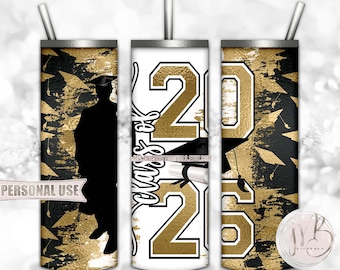 Gold Class Of 2026 Boy Graduation 20oz Skinny Tumbler Wrap Sublimation Download • Grad Cap Diploma Graduate Gift • DIY Print and Press
