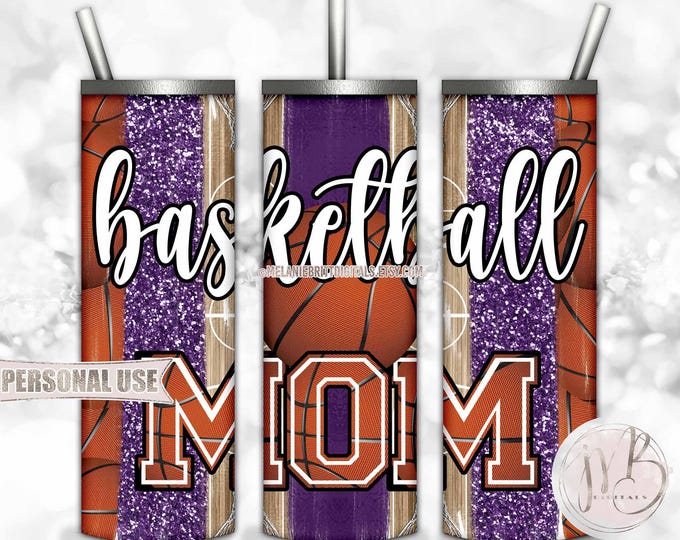 Purple Basketball Mom 20oz Skinny Tumbler Wrap Sublimation Design Download • Basketball Brush Strokes Sports Mom Gift • DIY Print and Press