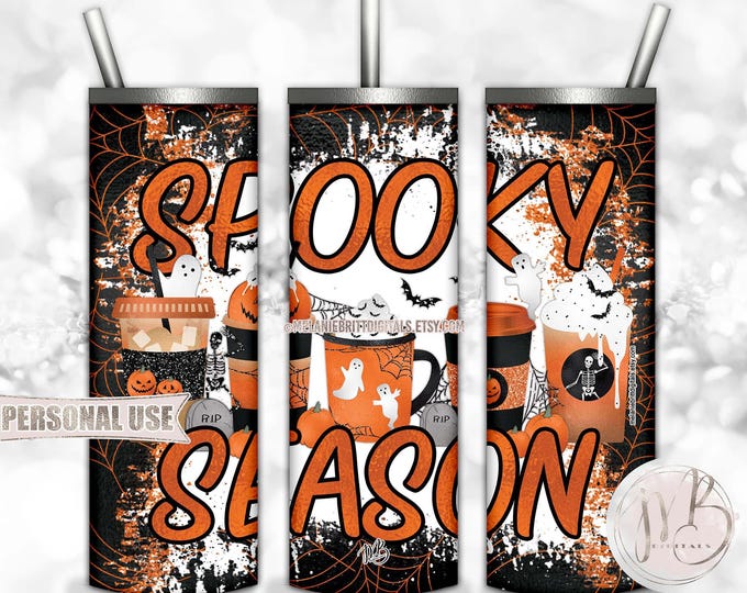 Halloween Coffee Cups Tumbler Wrap Download • "Spooky Season" Orange and Black • Sublimation Print and Press