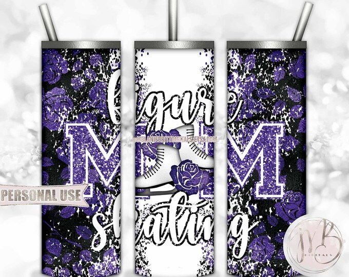 Purple Figure Skating Mom 20oz Skinny Tumbler Wrap Sublimation Design Download • Ice Skates Flowers Ice Rink Mom Gift • DIY Print and Press