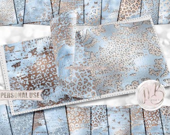 Pastel Blue Cute Leopard Butterflies Scrapbook Paper Download • Distressed Glitter and Foil • DIY Printable Paper Crafts 20 12x12 JPG & PDF