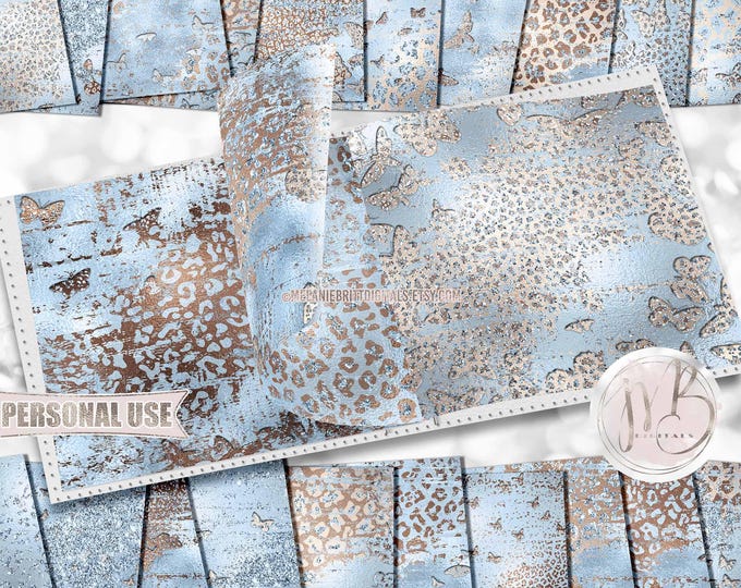 Pastel Blue Cute Leopard Butterflies Scrapbook Paper Download • Distressed Glitter and Foil • DIY Printable Paper Crafts 20 12x12 JPG & PDF