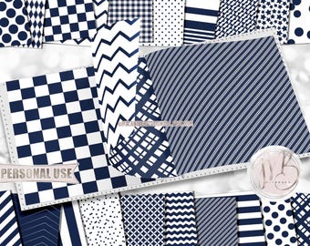 Navy Blue and White Scrapbook Paper Download • Classic Geometric Patterned Paper Design • DIY Printable Paper Crafts 20 12x12 JPG & PDF