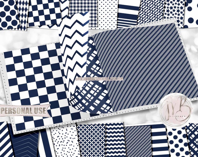 Navy Blue and White Scrapbook Paper Download • Classic Geometric Patterned Paper Design • DIY Printable Paper Crafts 20 12x12 JPG & PDF