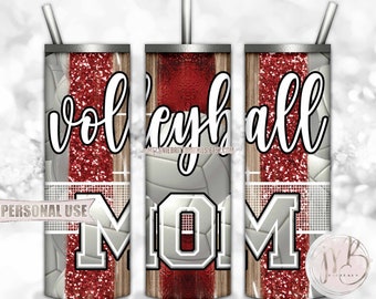 Maroon Volleyball Mom 20oz Skinny Tumbler Wrap Sublimation Design • Volleyball Net Court Glitter Sport Brush Strokes • DIY Print & Press