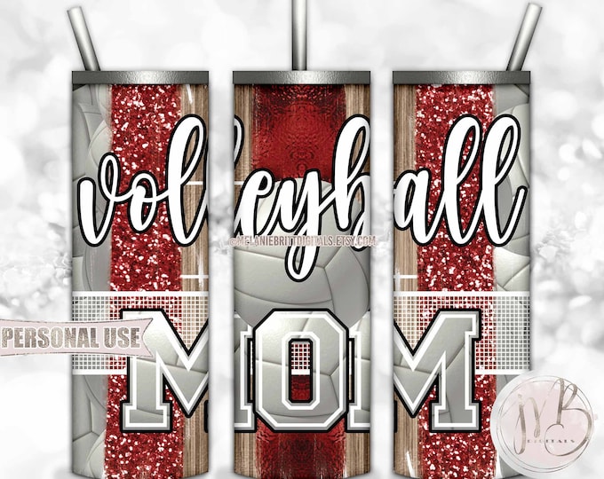 Maroon Volleyball Mom 20oz Skinny Tumbler Wrap Sublimation Design • Volleyball Net Court Glitter Sport Brush Strokes • DIY Print & Press
