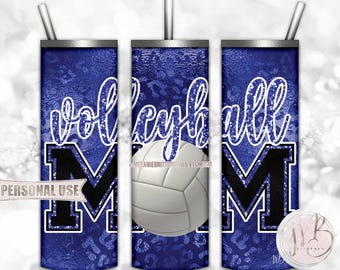 Volleyball Mom 20oz Skinny Tumbler Wrap Sublimation Download • Blue School Colors Shiny Leopard Print • DIY Print and Press