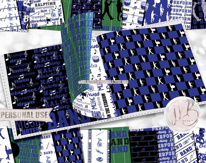 Blue Band Scrapbook Paper Download • Music Notes Instruments Boy and Girl School Marching Band • DIY Scrapbooking Printable
