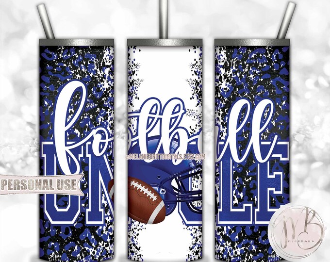 Royal Blue Football Uncle 20oz Skinny Tumbler Wrap Sublimation Design • Football Helmet Leopard Print Sports Uncle Gift • DIY Print & Press