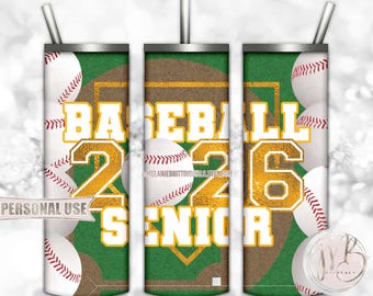 Athletic Gold Baseball Senior 2026 20oz Skinny Tumbler Wrap Sublimation Design Download • Senior Year Baseball Grad Gift • DIY Print & Press
