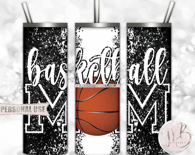 Black Basketball Mom 20oz Skinny Tumbler Wrap Sublimation Design Download • Leopard Print and Glitter Varsity Letters • DIY Print and Press