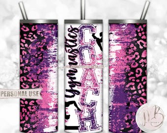 Gymnastics Coach 20oz Skinny Tumbler Wrap Sublimation Design Download • Pink and Purple Leopard Print Coach Gift • DIY Print and Press