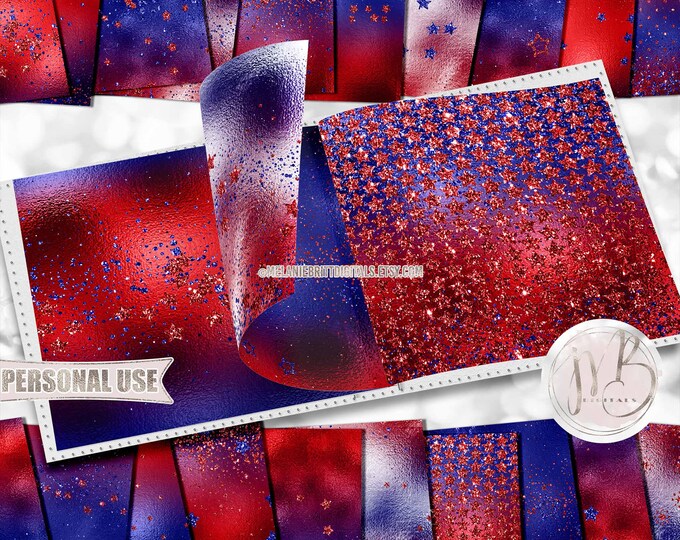Patriotic Glitter Stardust Scrapbook Paper Download • Red and Blue Holiday Sparkle and Shimmer • DIY Scrapbooking Printable 20 12x12 JPG PDF