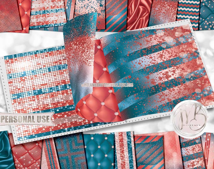 Orange and Teal Luxury Scrapbook Paper Download • Luxurious Sparkling Glitter Foil Shimmer Design • Printable Paper Crafts 20 12x12 JPG PDF