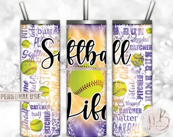 Softball Life 20oz Skinny Tumbler Wrap Sublimation Design • Purple and Athletic Gold Tie Dye Softball Sports Gift • DIY Print and Press