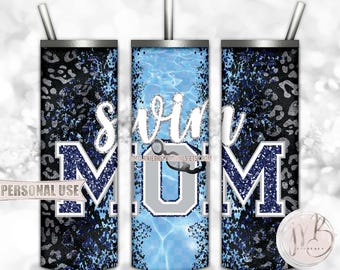 Swim Mom 20oz Skinny Tumbler Wrap Sublimation Design • Navy and Silver Leopard Pool Goggles Swim Team Mom Gift • DIY Print & Press