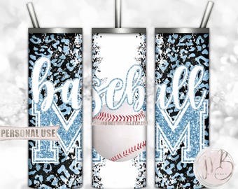 Light Blue Baseball Mom 20oz Skinny Tumbler Wrap Sublimation Design Download • Leopard Print Sports Mom Glitter Letters • DIY Print & Press