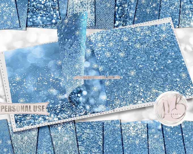 Iceberg Blue Glitzy Snowdust Scrapbook Paper Download • Snowflakes Falling Snow Glitter Design • Printable Paper Crafts 20 12x12 JPG & PDF
