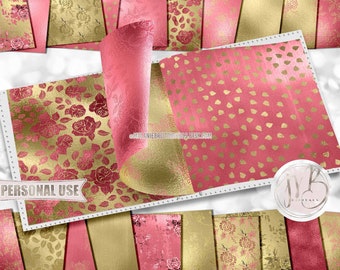 Pink and Gold Floral Scrapbook Paper Download • Formal Shimmering Metallic Foil Design • DIY Printable Paper Crafts 20 12x12 JPG & PDF