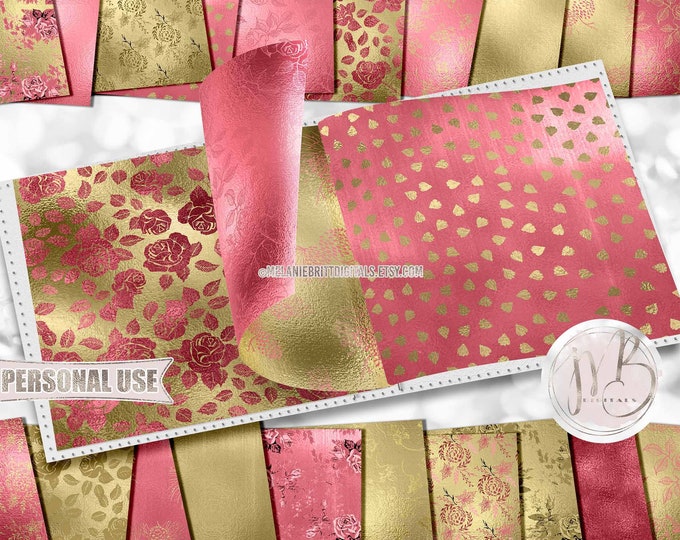 Pink and Gold Floral Scrapbook Paper Download • Formal Shimmering Metallic Foil Design • DIY Printable Paper Crafts 20 12x12 JPG & PDF