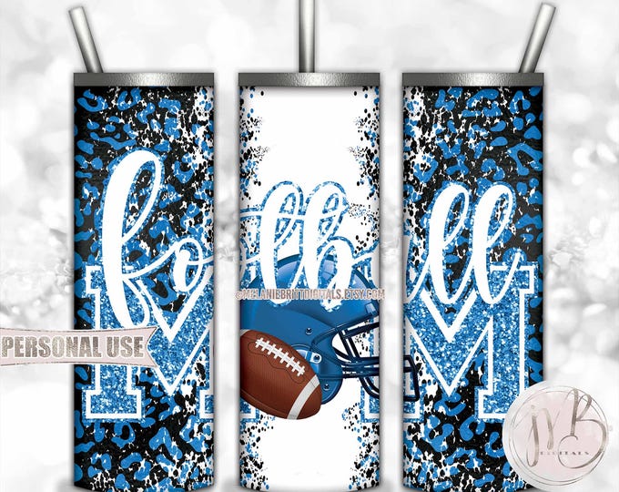 Baby Blue Football Mom 20oz Skinny Tumbler Wrap Sublimation Design • Football Helmet Leopard Print Sports Mom Gift • DIY Print and Press