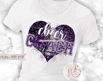 Purple Cheer Coach Heart T-Shirt Sublimation Design • Cheerleading Pom Pom Megaphone Cheerleader Gift Varsity Glitter • DIY Print and Press