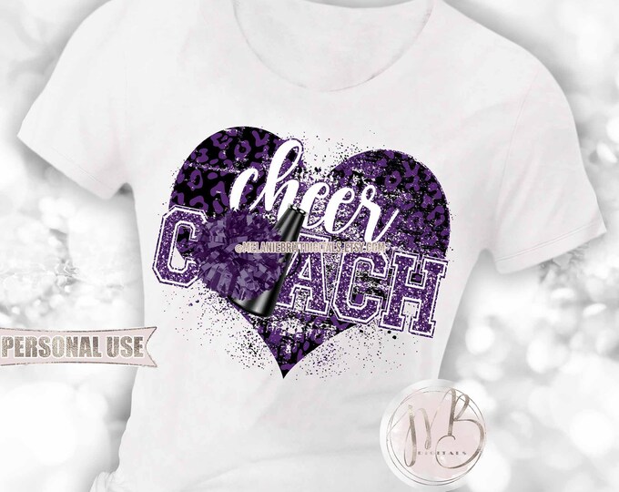 Purple Cheer Coach Heart T-Shirt Sublimation Design • Cheerleading Pom Pom Megaphone Cheerleader Gift Varsity Glitter • DIY Print and Press
