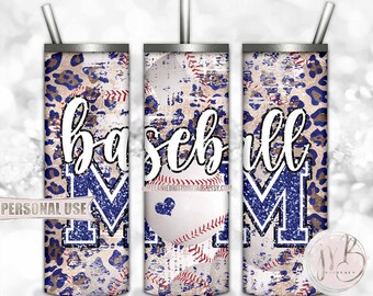 Blue Baseball Mom 20oz Skinny Tumbler Wrap Sublimation Design Download • Distressed Baseballs and Leopard Mom Gift • DIY Print and Press