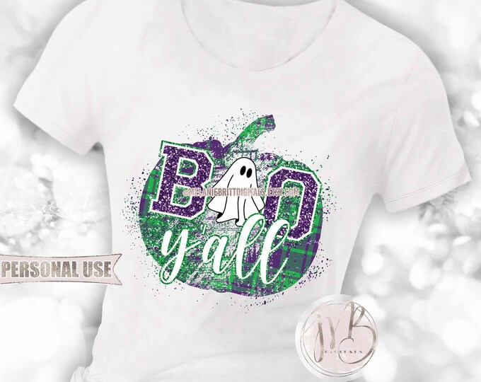 Halloween T-Shirt Sublimation Design Download • Cute Ghost Purple and Green Plaid Distressed Pumpkin Glitter “Boo Y'all” • DIY Print & Press