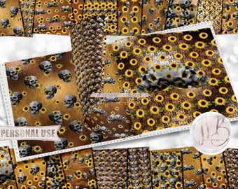 Sunflowers and Skulls Scrapbook Paper Download • Cute Goth Flowers Autumn Floral Foil Shimmer • Printable Paper Crafts 20 12x12 JPG & PDF