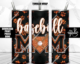 Orange Baseball Mom 20oz Skinny Tumbler Wrap Sublimation Design • Paw Prints Baseball Bats Home Plate • Sublimation Crafts