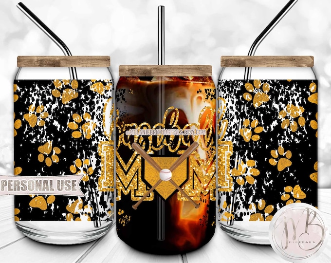 Baseball Mom Glass Can Download • Athletic Gold School Colors Paw Prints Baseball Bats Home Plate Ballpark Mom • Sublimation Print and Press